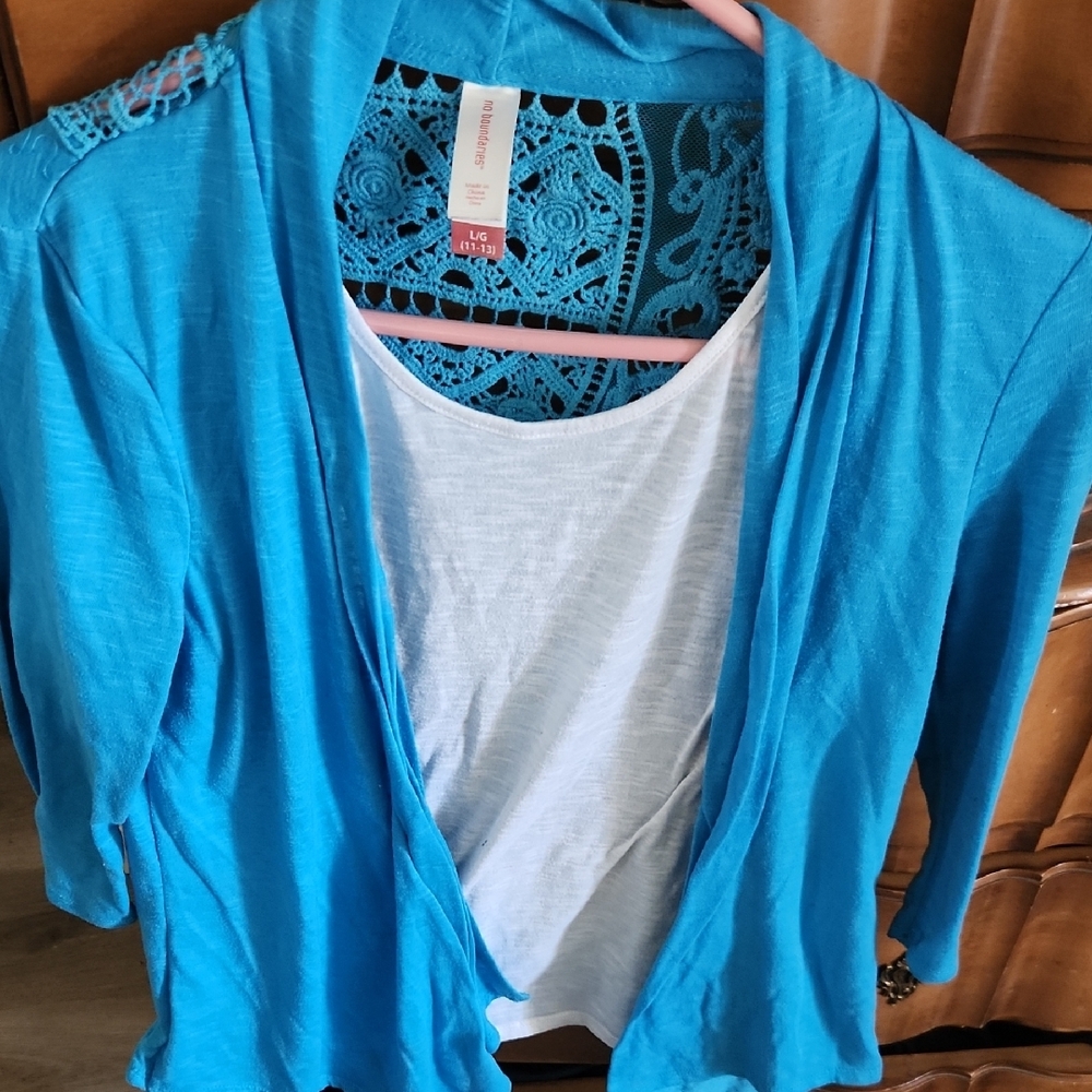 Blue Open Front Cardigan with White Lace Top